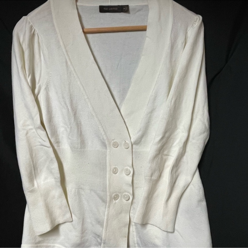 The Limited White Buttoned Y2K Cardigan Cinched Peplum Sweater